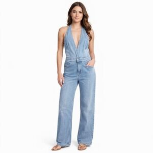 Zara Light Blue Denim Halter Jumpsuit